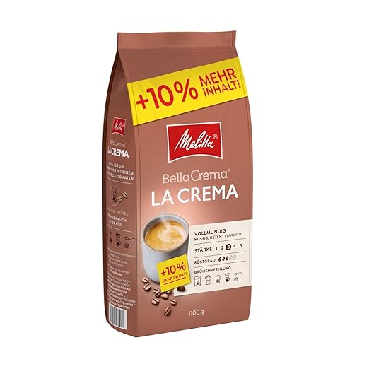 Melitta BellaCrema La Crema Ganze Kaffee-Bohnen 1,1kg, ungemahlen, Kaffeebohnen für Kaffee-Vollautomat, mittlere Röstung, geröstet in Deutschland, Stärke 3