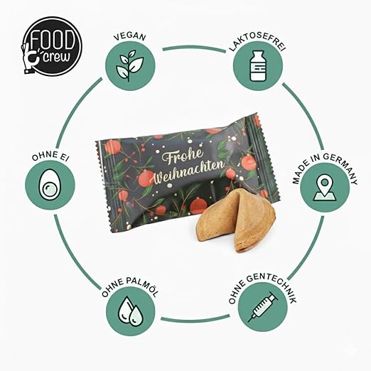 FOOD Crew 12x Weihnachtsglückskekse mit Spekulatius Geschmack - Glückskekse Weihnachten - Süßigkeiten Weihnachten - Gebäck Einzeln Verpackt mit deutschen Sprüchen - Vegan - Made in Germany – Bild 2