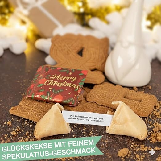 FOOD Crew 12x Weihnachtsglückskekse mit Spekulatius Geschmack - Glückskekse Weihnachten - Süßigkeiten Weihnachten - Gebäck Einzeln Verpackt mit deutschen Sprüchen - Vegan - Made in Germany – Bild 3