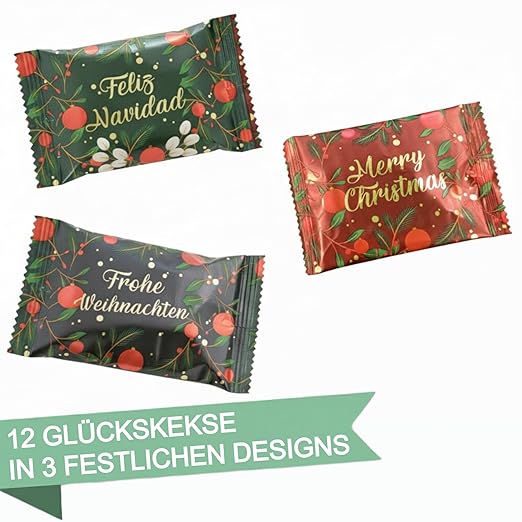 FOOD Crew 12x Weihnachtsglückskekse mit Spekulatius Geschmack - Glückskekse Weihnachten - Süßigkeiten Weihnachten - Gebäck Einzeln Verpackt mit deutschen Sprüchen - Vegan - Made in Germany – Bild 7