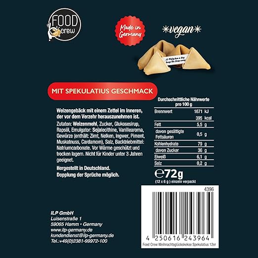 FOOD Crew 12x Weihnachtsglückskekse mit Spekulatius Geschmack - Glückskekse Weihnachten - Süßigkeiten Weihnachten - Gebäck Einzeln Verpackt mit deutschen Sprüchen - Vegan - Made in Germany – Bild 5