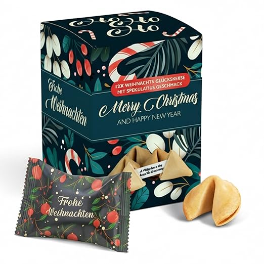 FOOD Crew 12x Weihnachtsglückskekse mit Spekulatius Geschmack - Glückskekse Weihnachten - Süßigkeiten Weihnachten - Gebäck Einzeln Verpackt mit deutschen Sprüchen - Vegan - Made in Germany