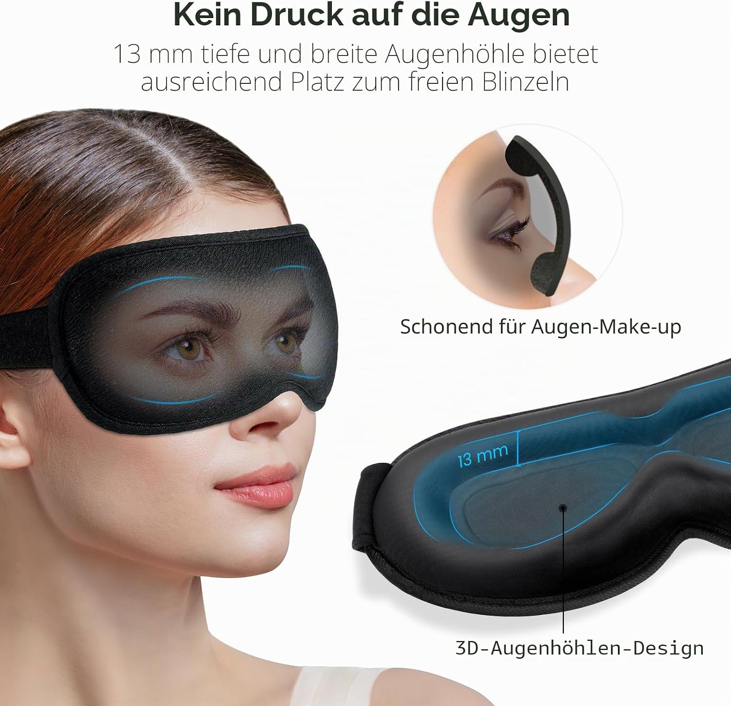 Gritin 3D Schlafmaske für Seitenschläfer, Upgrade Atmungsaktive Schlafbrille mit Verstellbar Gummiband, Lichtblockierend, Bequem & Ergonomisch Augenmaske für Männer und Frauen, 2 Paar Ohrstöpseln – Bild 8