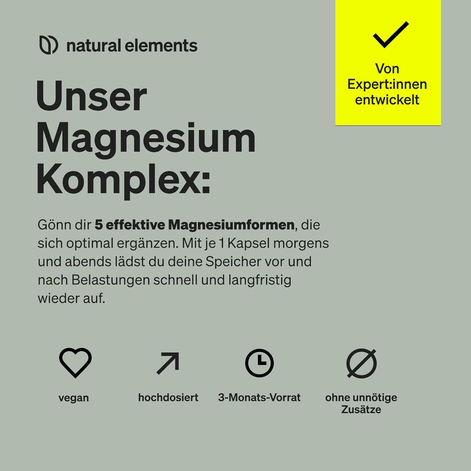 natural elements Magnesium Komplex - Premium: Aus 5 hochwertigen Verbindungen - 400mg elementares Magnesium pro Tagesdosis - Laborgeprüft, vegan, hochdosiert – Bild 4