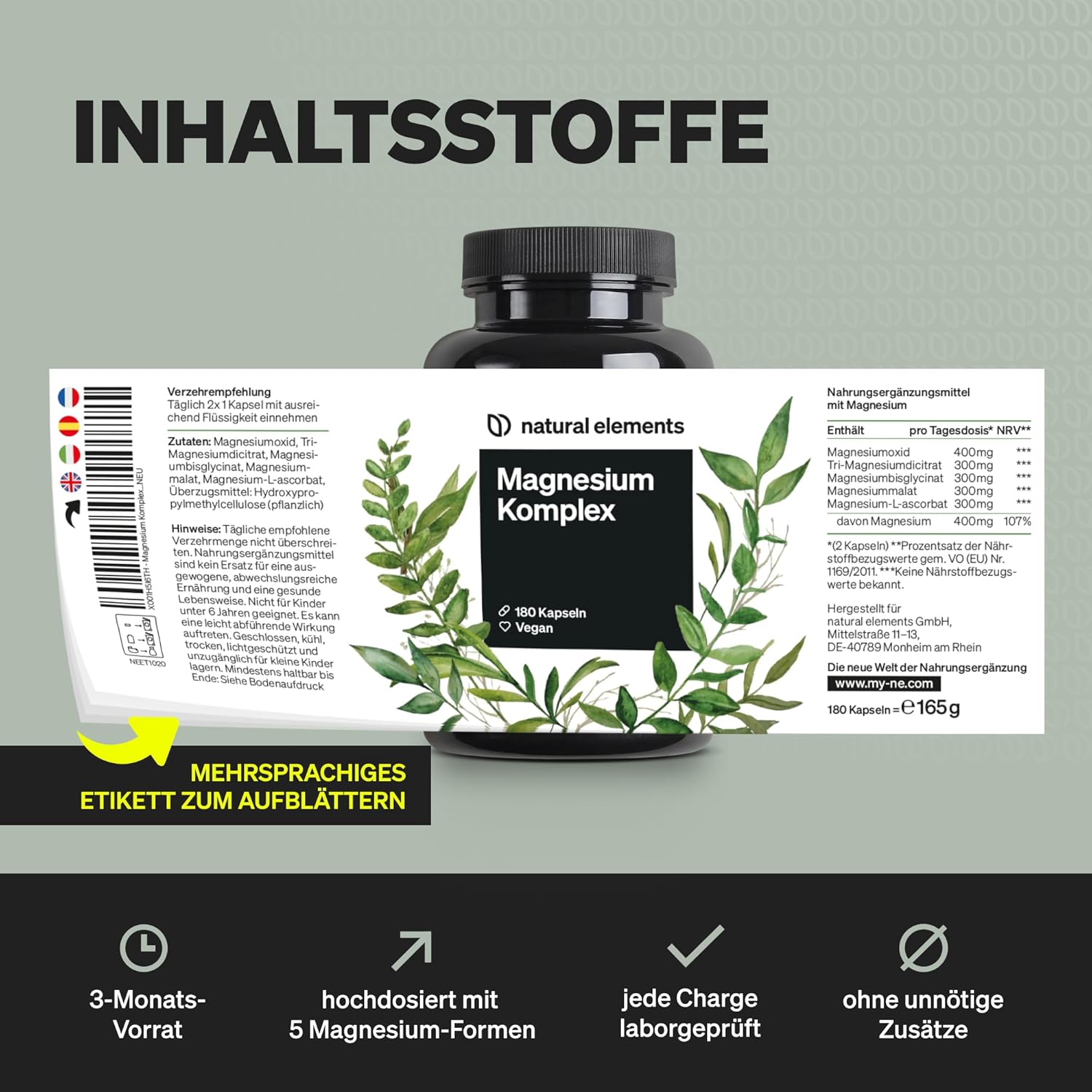 natural elements Magnesium Komplex - Premium: Aus 5 hochwertigen Verbindungen - 400mg elementares Magnesium pro Tagesdosis - Laborgeprüft, vegan, hochdosiert – Bild 2