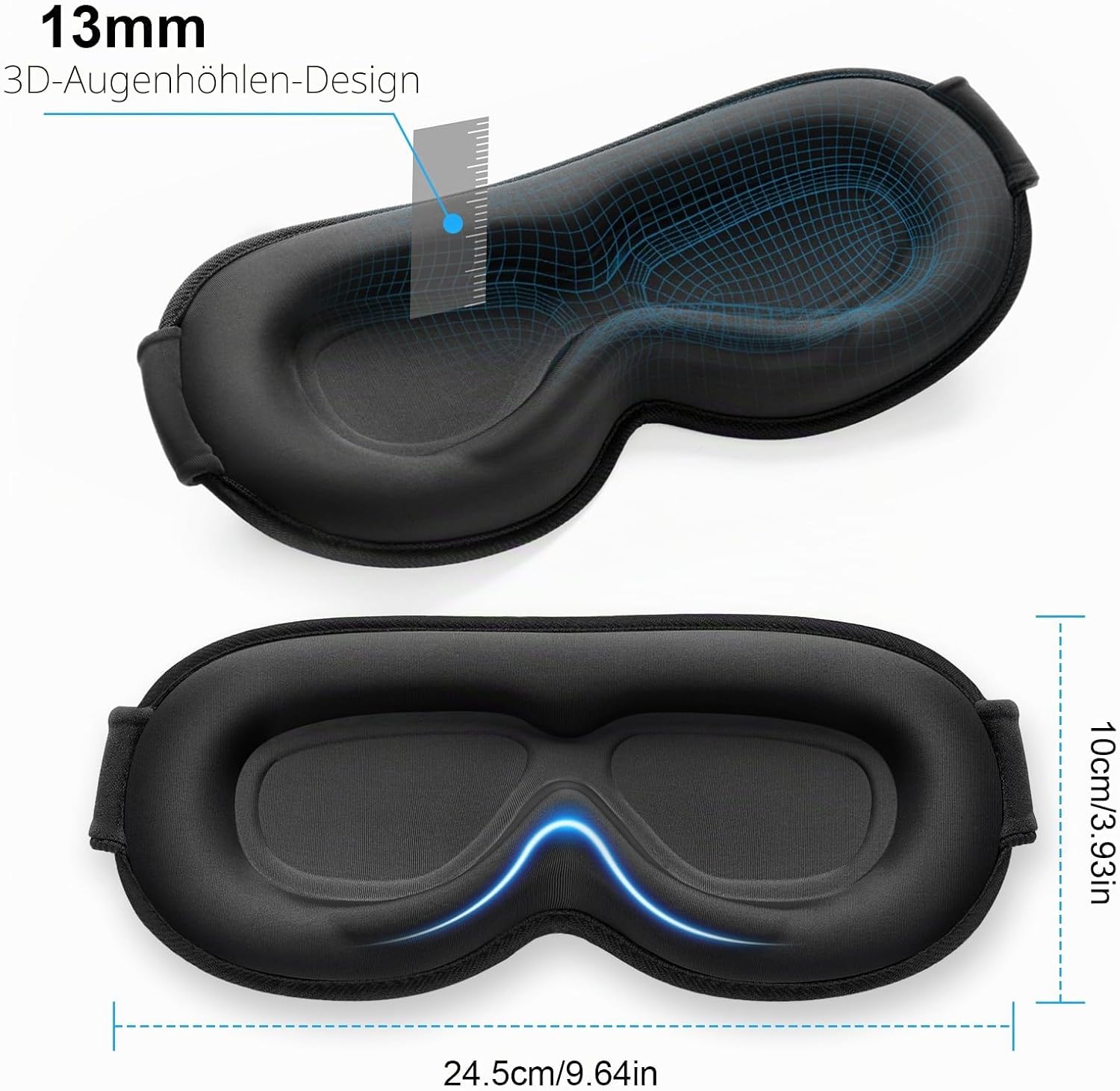 Gritin 3D Schlafmaske für Seitenschläfer, Upgrade Atmungsaktive Schlafbrille mit Verstellbar Gummiband, Lichtblockierend, Bequem & Ergonomisch Augenmaske für Männer und Frauen, 2 Paar Ohrstöpseln – Bild 2