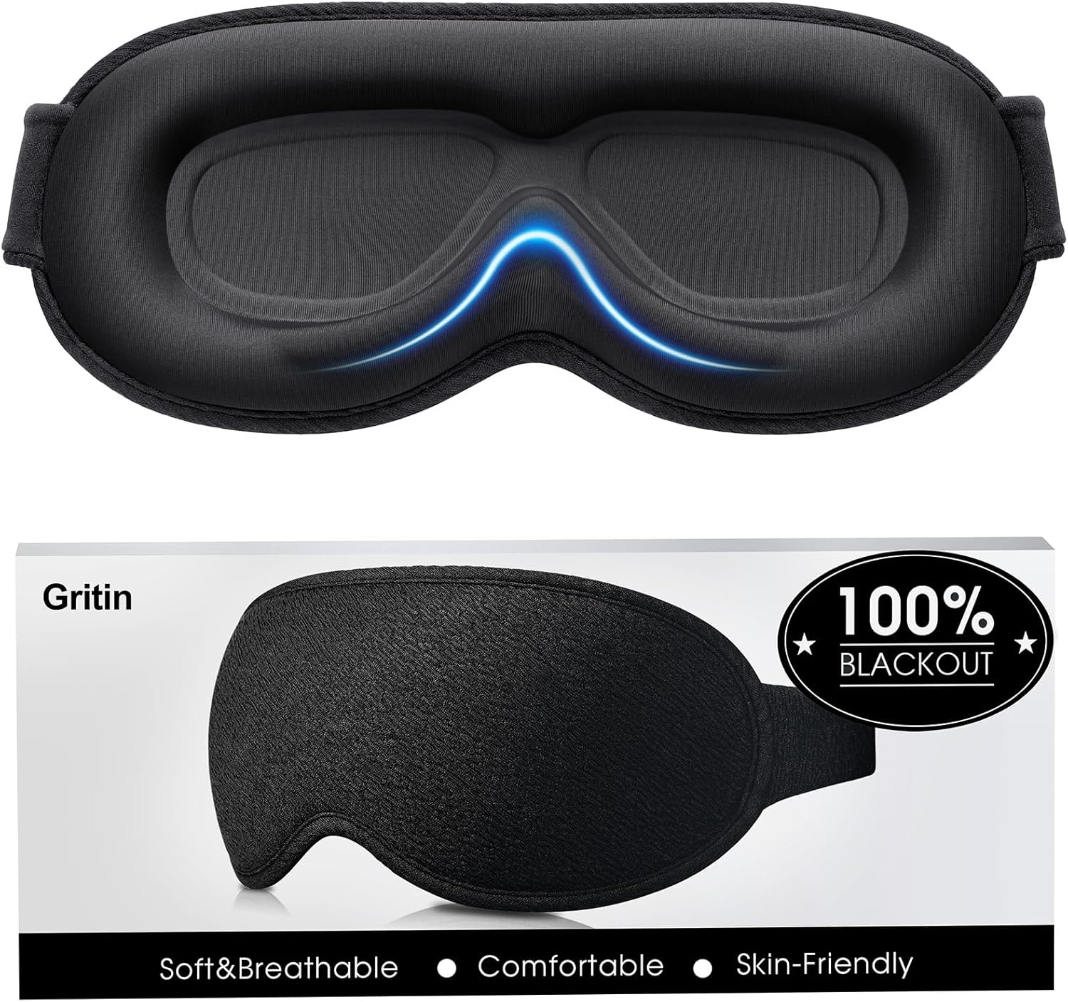 Gritin 3D Schlafmaske für Seitenschläfer, Upgrade Atmungsaktive Schlafbrille mit Verstellbar Gummiband, Lichtblockierend, Bequem & Ergonomisch Augenmaske für Männer und Frauen, 2 Paar Ohrstöpseln – Bild 6