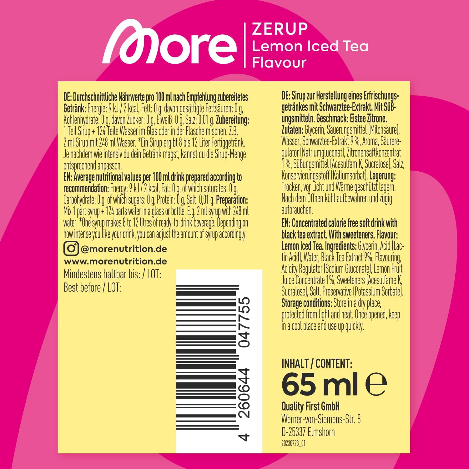 MORE Zerup, Lemon Iced Tea, 65 ml, für bis zu 8 l Fertiggetränk, zuckerfreier Sirup mit u.a. echten Fruchtextrakten, vegan, zero Kalorien - made in Germany – Bild 6
