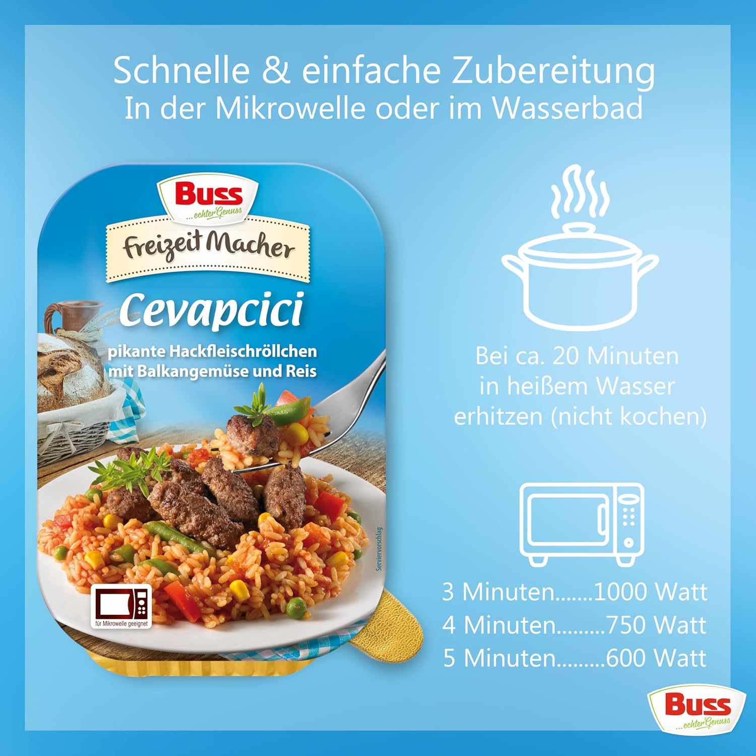 Buss Freizeitmacher Cevapcici mit Reis und Gemüse vom Balkan, 12 x 300g Fertiggerichte zum Aufwärmen in Mikrowelle & Topf - Schnell & Einfach Zubereitet – Bild 3
