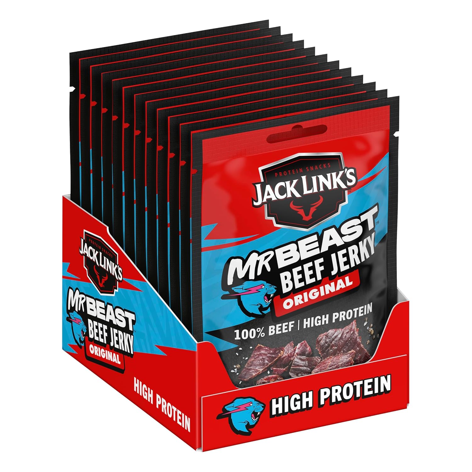 Jack Link’s Beef Jerky Original - MrBeast Edition - 12er Pack (12 x 25g) High Protein Snack - Protein Snack für Fitness, Gym & Outdoor - Amerikanisches Trockenfleisch aus Rind