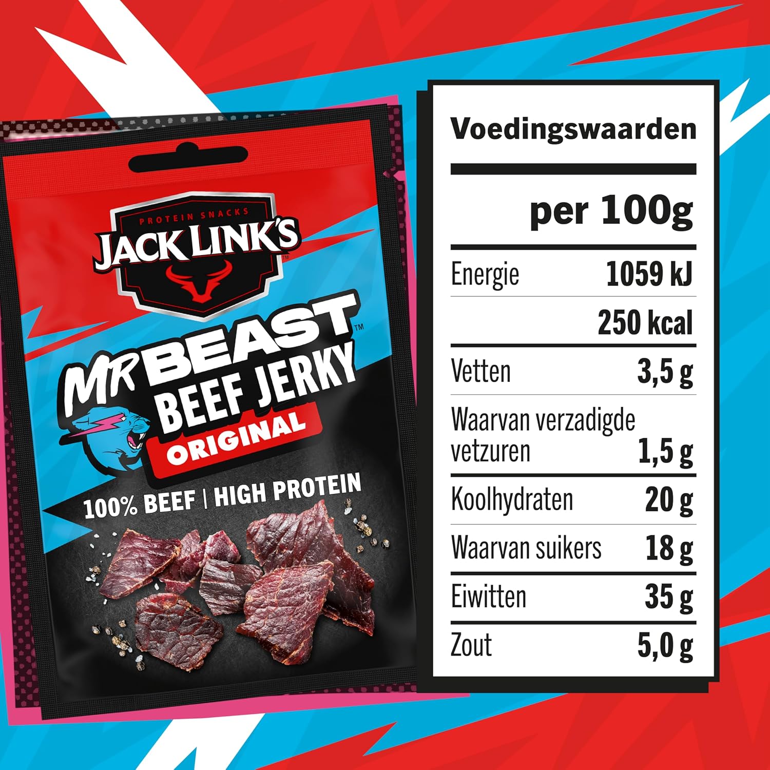 Jack Link’s Beef Jerky Original - MrBeast Edition - 12er Pack (12 x 25g) High Protein Snack - Protein Snack für Fitness, Gym & Outdoor - Amerikanisches Trockenfleisch aus Rind – Bild 4